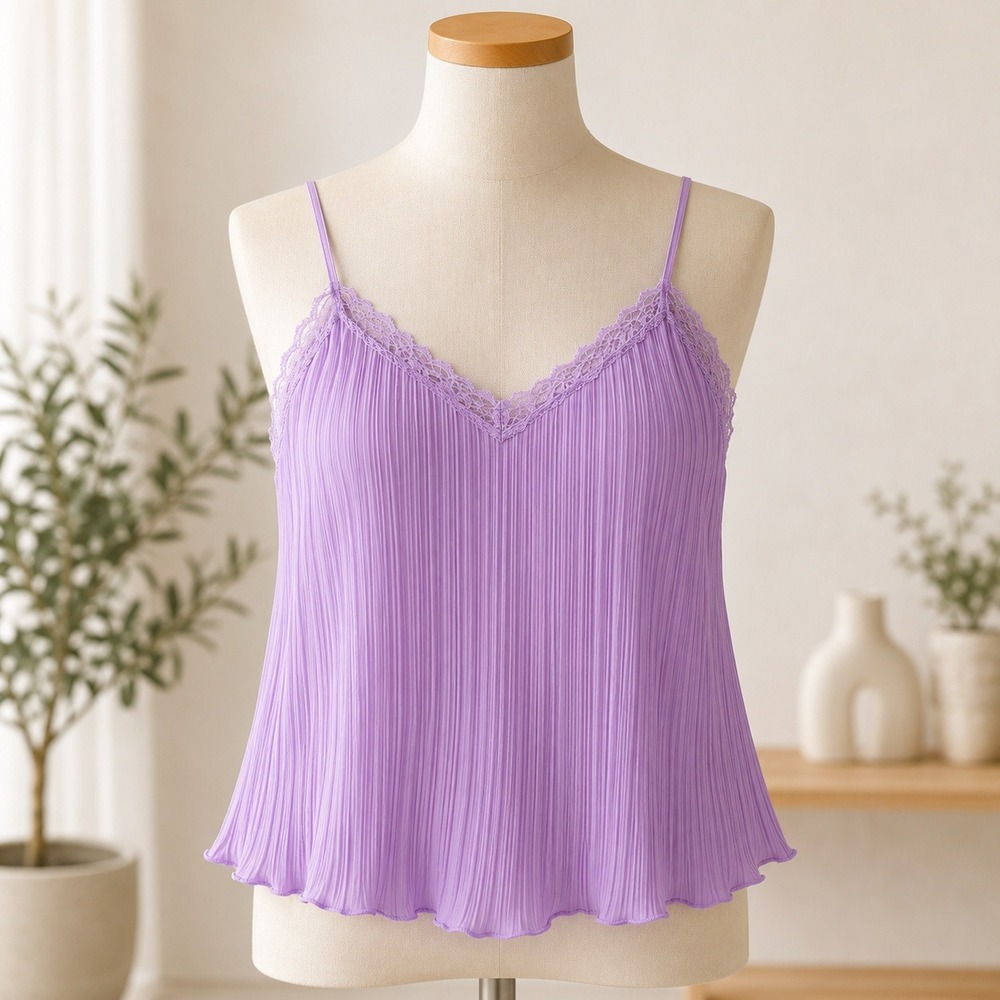 Lush Pleated Lace Trim Cami Tank Top Womens XL Purple Eyelash Lace Adjustable